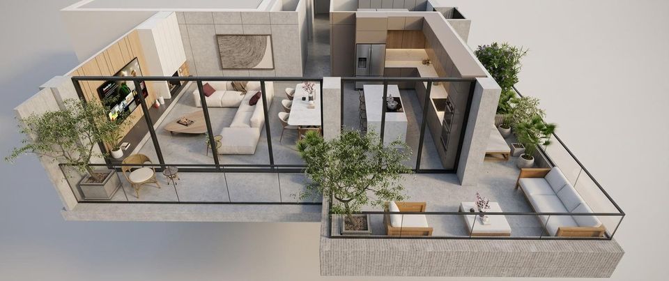 Una residencia en corte: sala, cocina y terraza con plantas