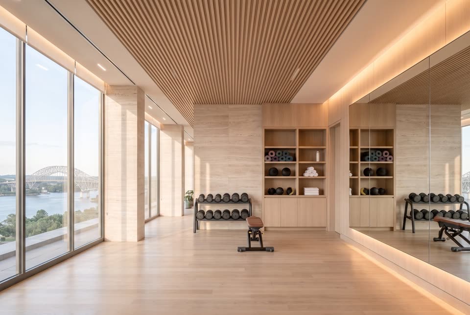 Gimnasio con zona de pesas junto al ventanal