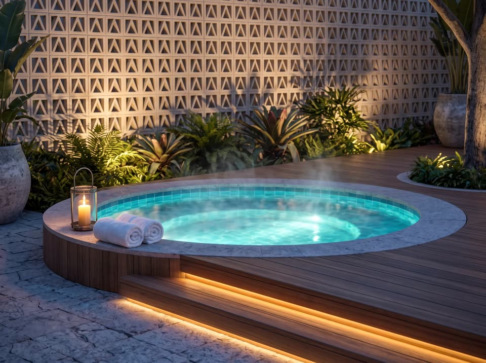 Jacuzzi del patio de la piscina al anochecer