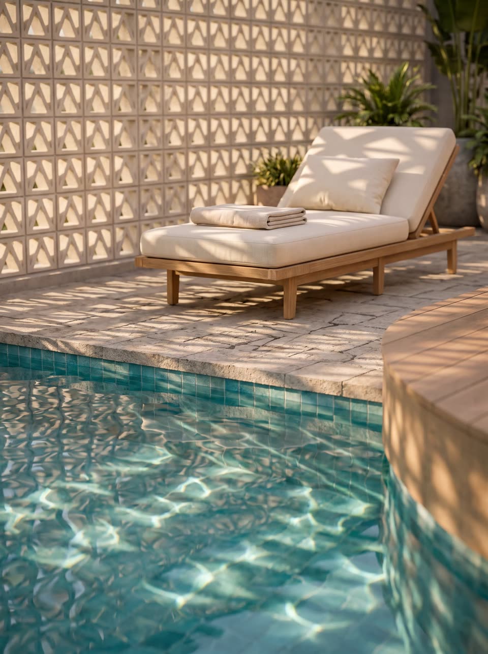 Borde de la piscina con una tumbona junto al agua