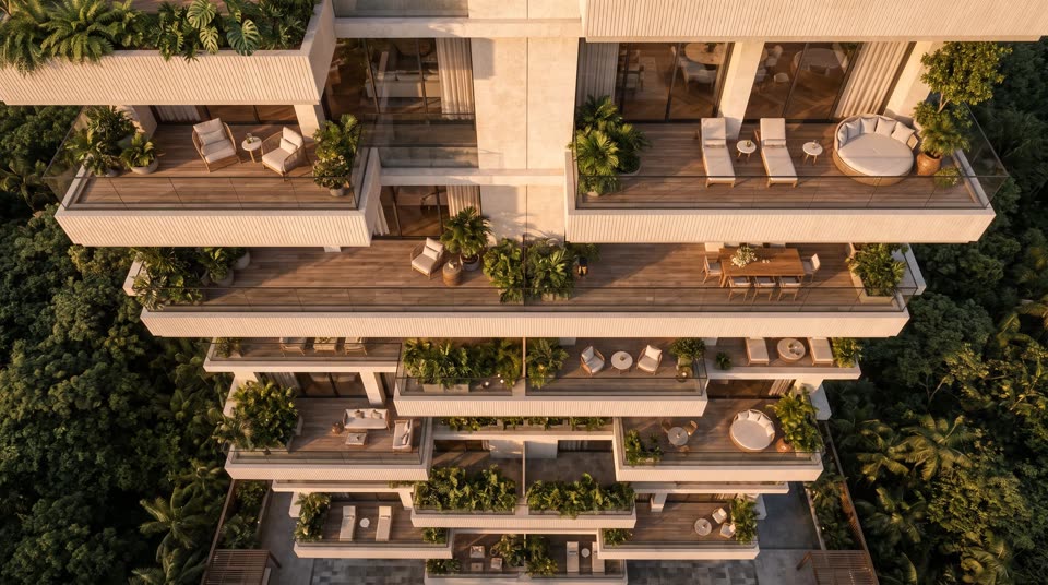 Terrazas escalonadas con jardineras, vistas desde arriba