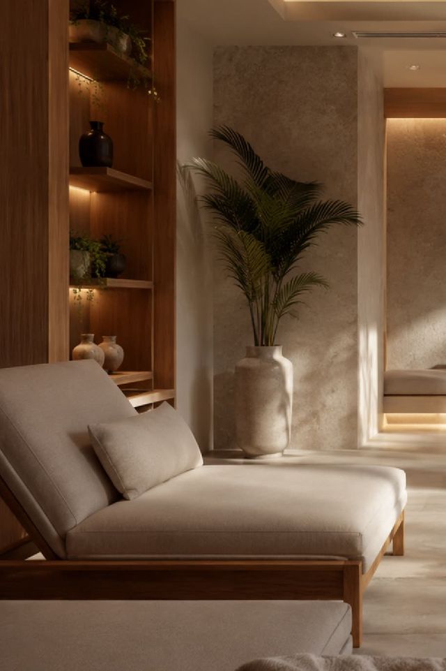 Quiet Room con tumbona, una palma y repisas iluminadas