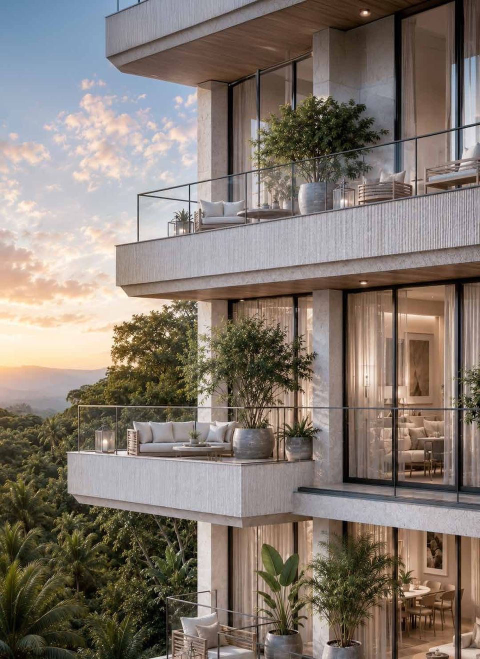 Fachada con terrazas escalonadas y plantas al atardecer