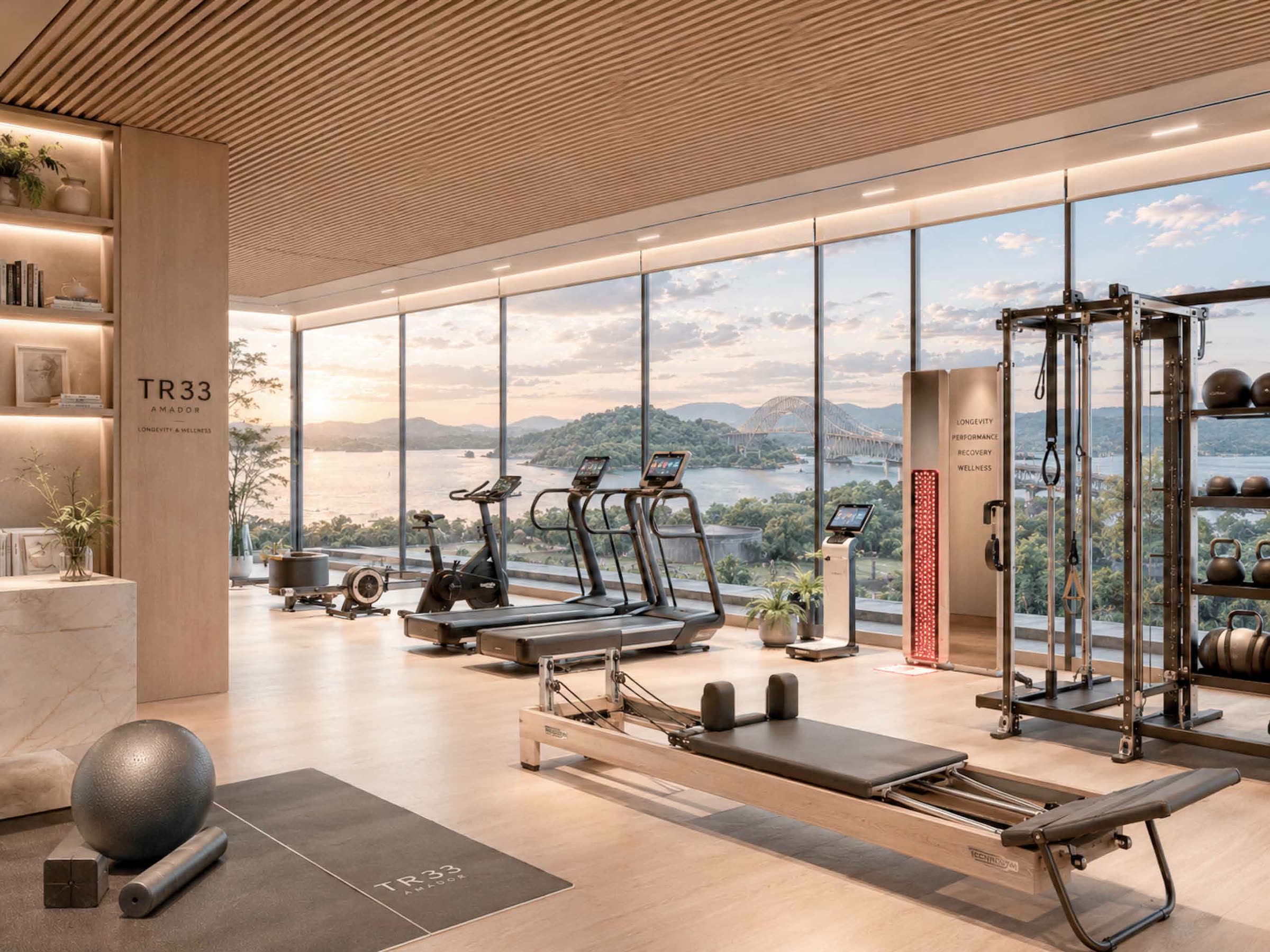 Fitness de longevidad: máquinas de pilates, cintas y estación de fuerza junto a un ventanal