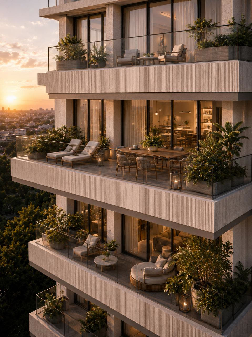 Fachada con terrazas superpuestas, jardineras y muebles de exterior al atardecer
